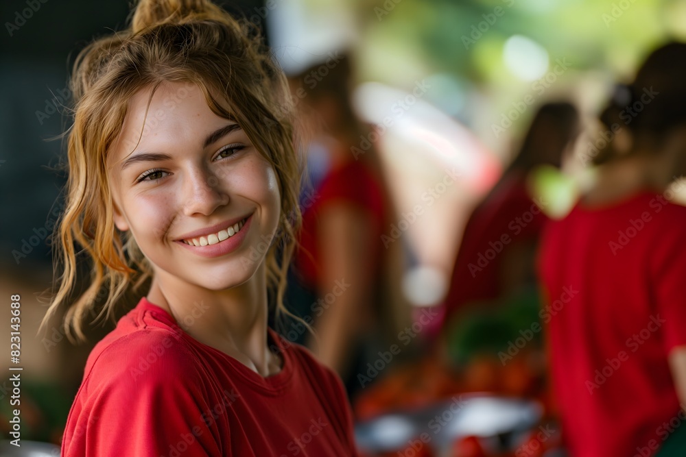 A young blonde woman in a red shirt smiling while volunteering outdoors A young blonde woman in a red shirt smiling while volunteering outdoors