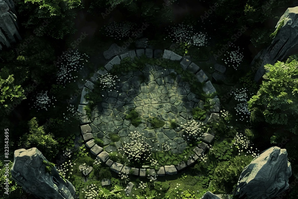 DnD Battlemap Druid Circle Battlemap Style Image: Mystical forest clearing.