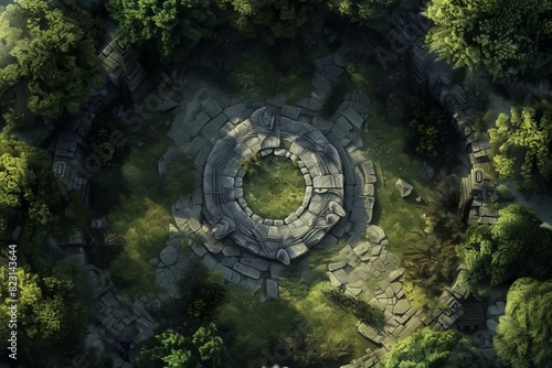 DnD Battlemap Druid Circle Battlemap: Mystical forest clearing with magic symbols.