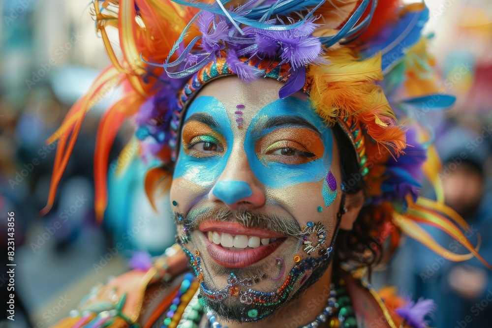 Portrait of a street performer in colorful costume, mid-performance. Generative AI.