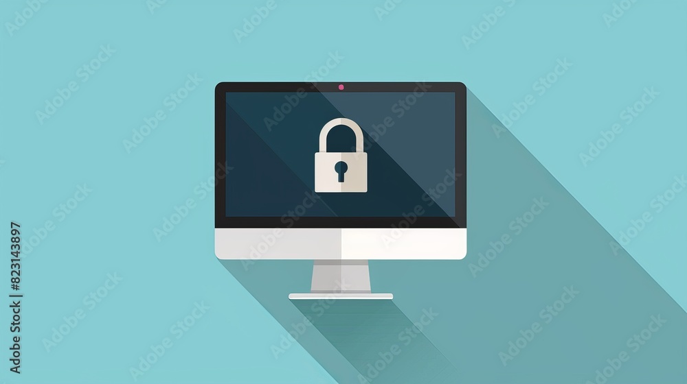 Minimalist Computer Screen with Lock Icon on Blue Background for Data Security Minimalist Computer Screen with Lock Icon on Blue Background for Data Security