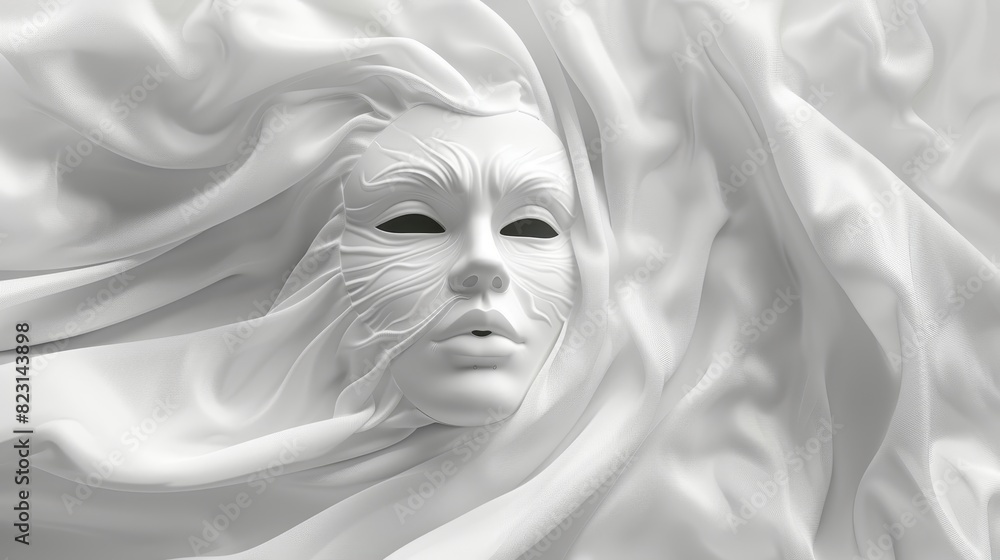 White Sculpted Face Emerging from Flowing Fabric Creating Abstract Artistic Design White Sculpted Face Emerging from Flowing Fabric Creating Abstract Artistic Design
