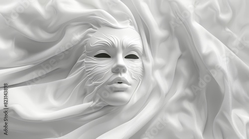 White Sculpted Face Emerging from Flowing Fabric Creating Abstract Artistic Design