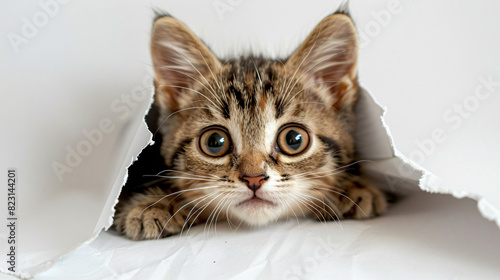 Curious kitten peeking from a hole background for pet photography and animal lovers, featuring a cat, with copy space text, for pet products and adoption.