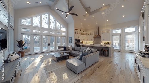 The living room in an open concept home with white walls, grey couches, a ceiling fan on vaulted ceilings, a kitchen area to one side, an island bar centered between cabinets. Generative AI. photo