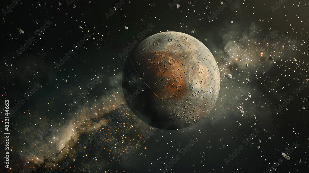 Obraz premium Cosmic dust with a planet background for space exploration and science fiction, featuring a celestial body, with copy space text, for astronomy and fantasy art.