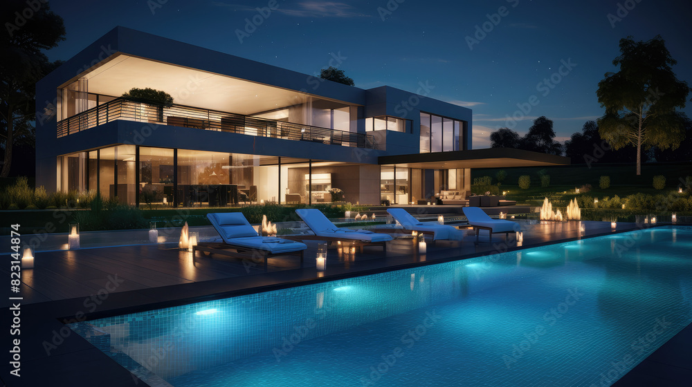 Fototapeta premium Exclusive Modern Villa with Illuminated Poolside Ambiance