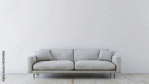 A sofa is situated against an empty white wall in the interior. © Osama