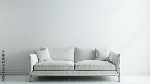 A sofa is situated against an empty white wall in the interior. photo