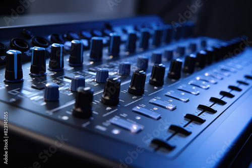 Professional Audio Mixer Console in Moody Blue Lighting
