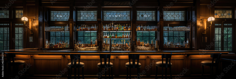 Classic Wooden Bar Interior with Ambient Lighting