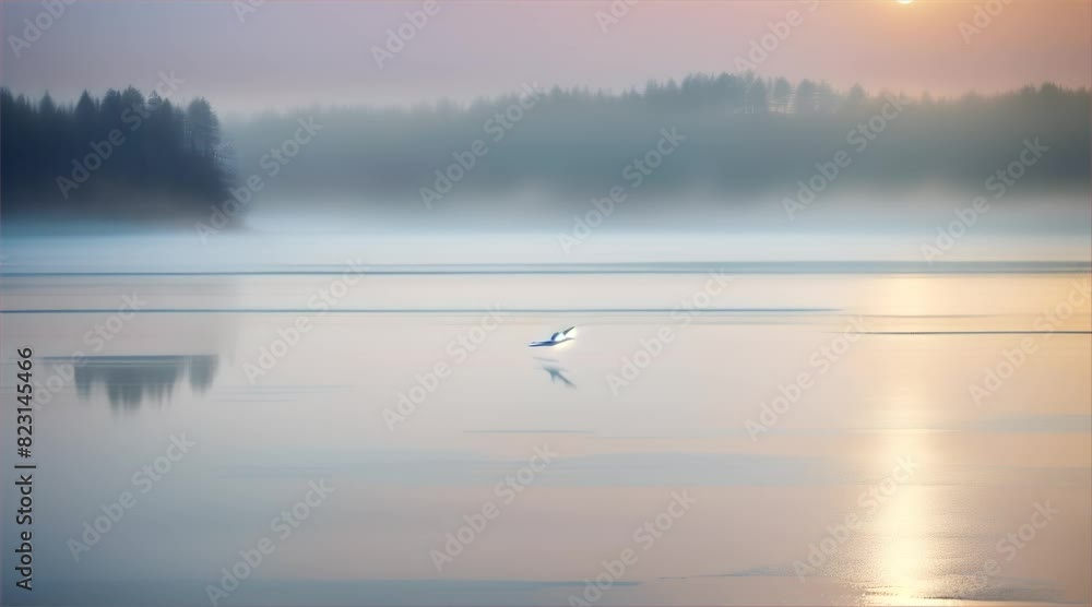 Morning mist reflection on the lakeside and birds flying over the water. Morning mist reflection on the lakeside and birds flying over the water.