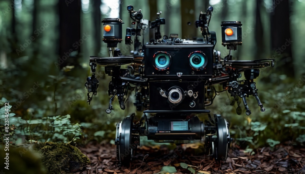 A multifunctional robot equipped with cameras and sensors roams a dense, misty forest, conducting environmental research.. AI Generation A multifunctional robot equipped with cameras and sensors roams a dense, misty forest, conducting environmental research.. AI Generation