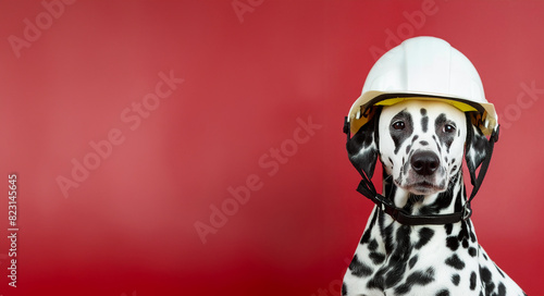 A Dalmatian dog wearing a firefighter helmet poster with copy space