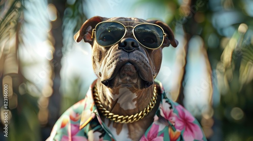 Stylish cool dog in Hawaiian shirt and sunglasses, posing confidently with gold chains against a summer background © BOONJUNG