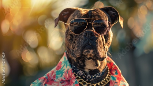 Stylish cool dog in Hawaiian shirt and sunglasses, posing confidently with gold chains against a summer background