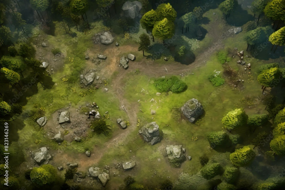 DnD Battlemap Fantasy forest clearing with bat - Vibrant fantasy forest scene with a bat. DnD Battlemap Fantasy forest clearing with bat - Vibrant fantasy forest scene with a bat.