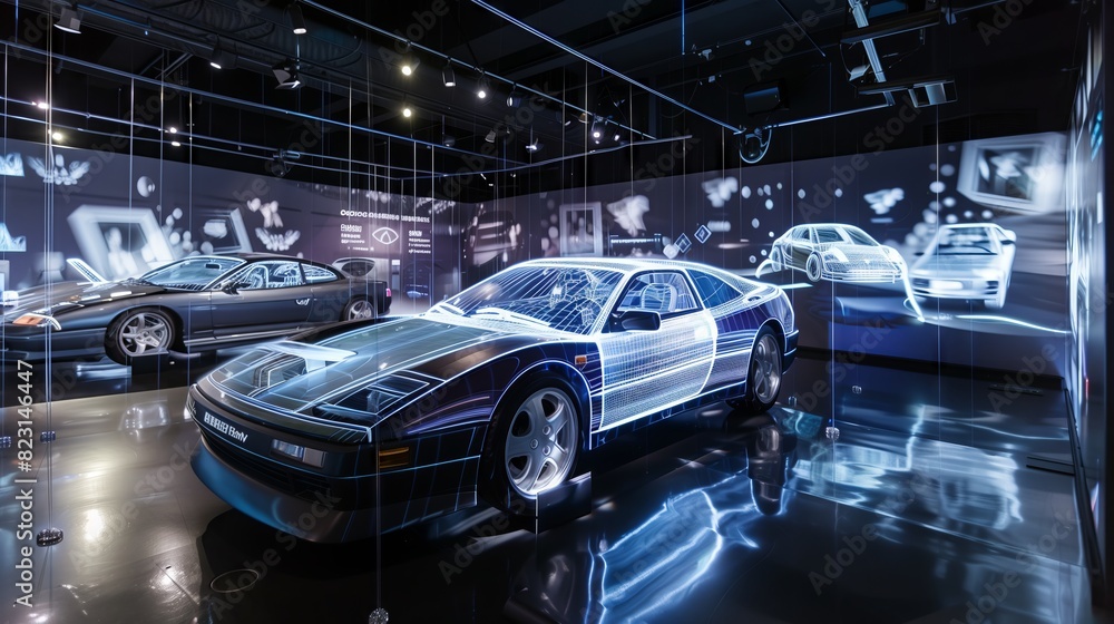 A holographic car display projects dynamic environments, simulating various driving experiences for immersion. A holographic car display projects dynamic environments, simulating various driving experiences for immersion.