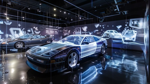 A holographic car display projects dynamic environments, simulating various driving experiences for immersion.