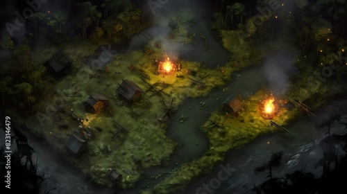 DnD Battlemap Fire camp in swamp. Tente rouge   merge des marais brumeux.