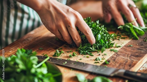 Fresh Herb Chopping: Close-up of Vibrant Basil, Cilantro, and Parsley Being Prepared on Wooden Cutting Board in Kitchen