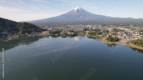 a aerial view of kawaguchiko hot spring resort town and Mount Fuji