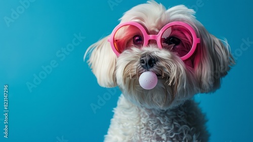 Dog Blowing Bubble Gum While Wearing Neon Goggles