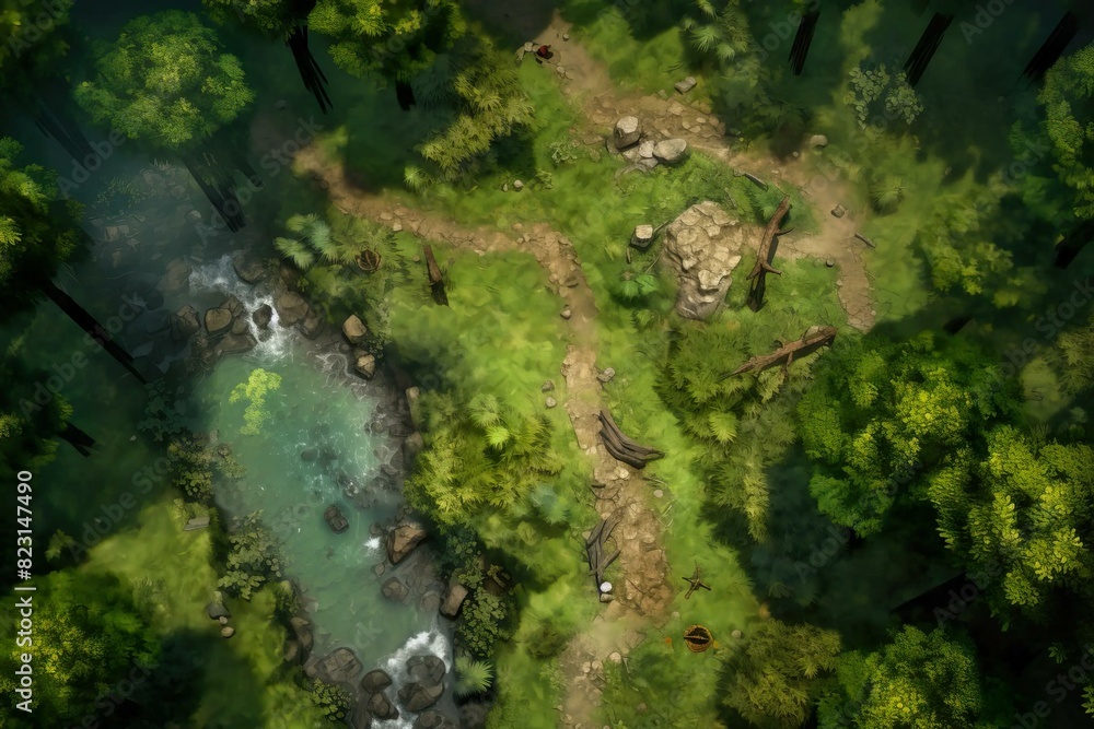 DnD Battlemap Forest clearing battlemap: rocky terrain with trees, river.