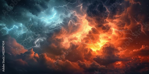 dark clouds sky with lightning and thunder  colorful orange blue lightning  stormy weather  Bright blue orange  lightning strike in a thunderstorm sky  banner