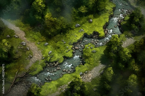 DnD Battlemap forest clearing battlemap - Aerial view of a battle map set in a forest clearing  with various terrains and obstacles.