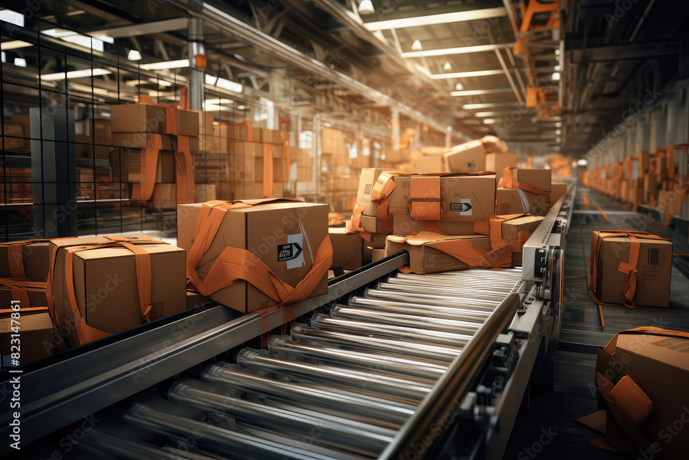 Fototapeta premium Efficiency in Motion: Automated Warehouse Conveyor System