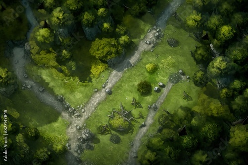 DnD Battlemap Forest Clearing Battlemap: A detailed map for outdoor battles in a forest area.