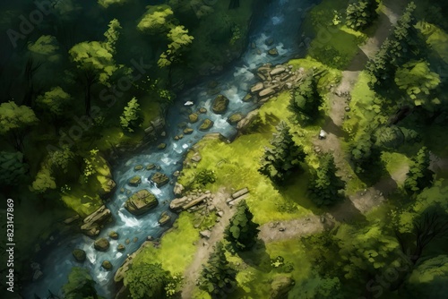 DnD Battlemap Forest clearing battlemap: Ancients ruins, bridges and campfires.