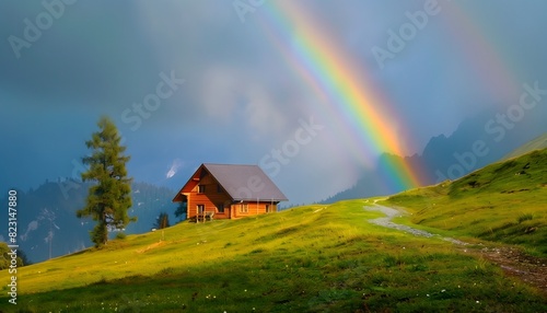 Idyllic Cabin with Rainbow in the Countryside