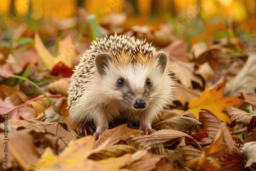 Capturing the Grace of a Four-Toed Hedgehog Amongst Crisp Leaves photo