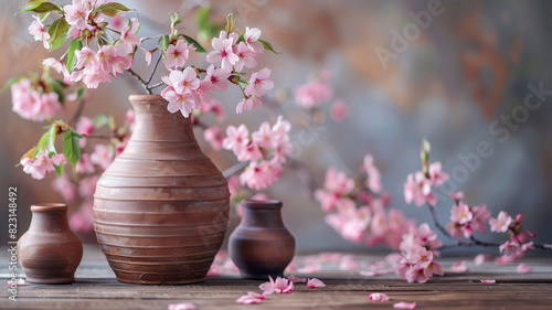 ceramics made by hand design style. Sakura blossom and brown clay vase with copy space.