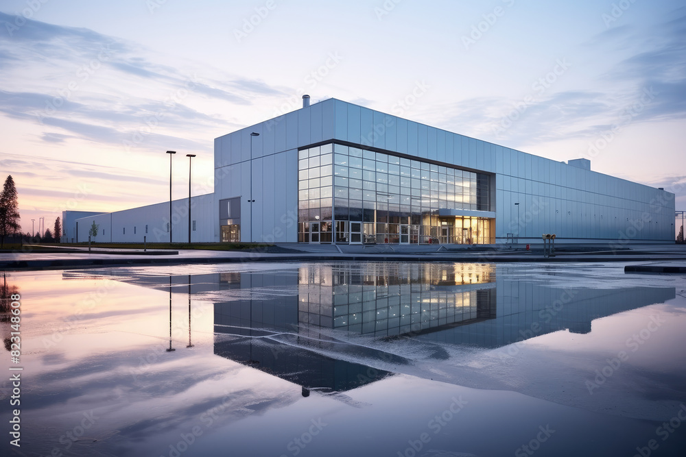 Sleek Industrial Headquarters Reflected at Sunset Sleek Industrial Headquarters Reflected at Sunset
