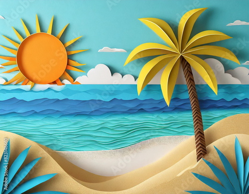 Tropical beach with blue ocean, palm tree, sand and sun, summer concept, paper art