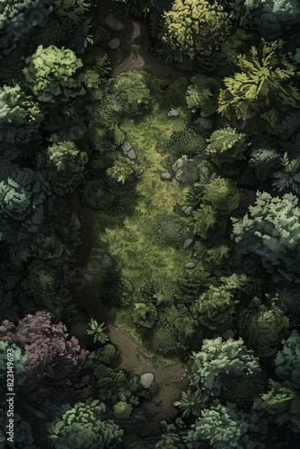 DnD Battlemap Forest: Mysterious forest with a path leading through dense trees. Use of light accentuates the magical ambiance.