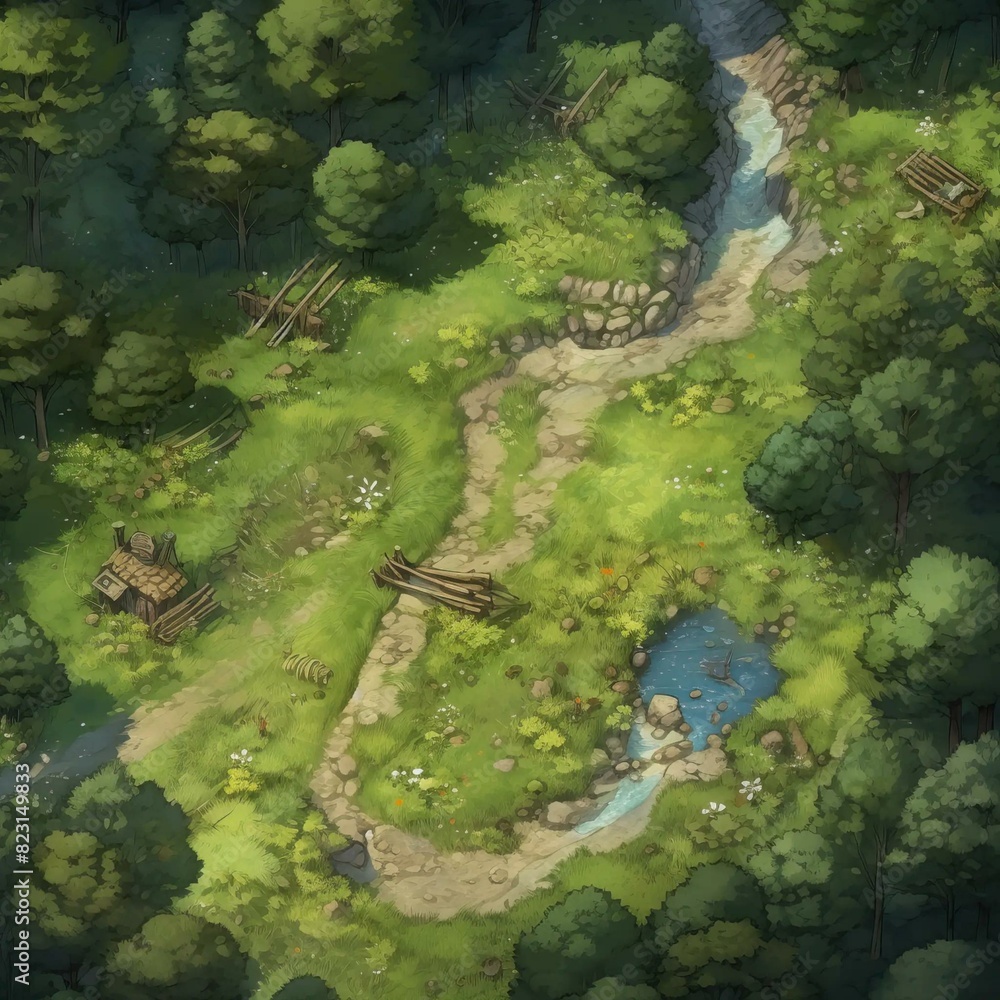 DnD Battlemap Forest with multiple paths. Subtle sunlight pierces through dense trees. DnD Battlemap Forest with multiple paths. Subtle sunlight pierces through dense trees.