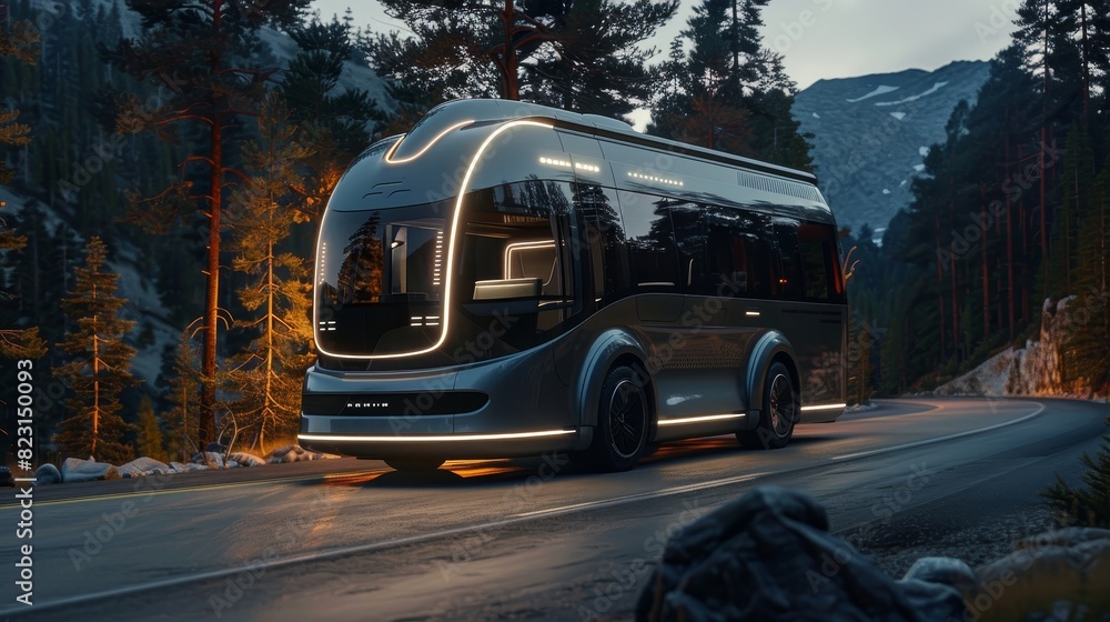 Fototapeta premium A large black RV is parked on a dirt road at sunset