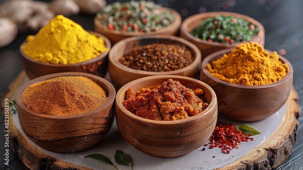 Different kinds of masala on a chalk background for restaurant. Generative AI. Different kinds of masala on a chalk background for restaurant. Generative AI.