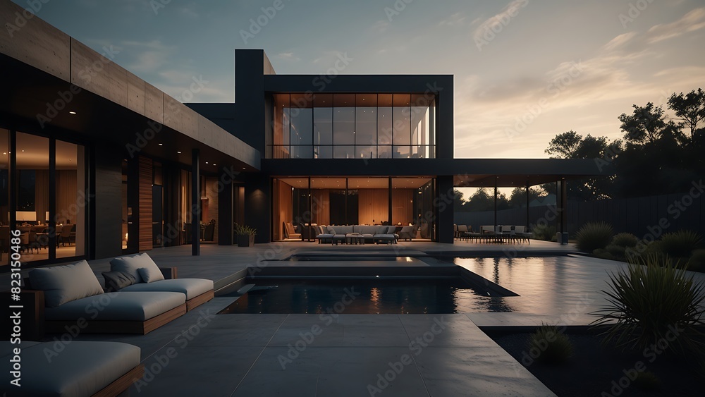 Fototapeta premium Modern House With Pool at Dusk