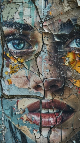 Close-up of a cracked mural depicting a woman's face. Vibrant colors and textures bring the street art to life, creating a mesmerizing visual.