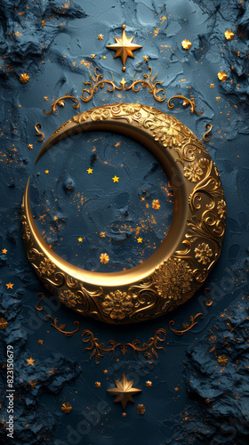 Golden crescent moon with stars on dark blue background  ideal for festive and elegant designs. Islamic New Year.