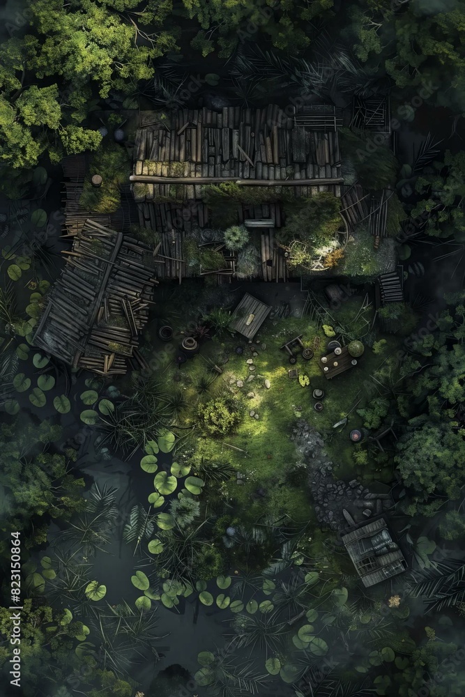 DnD Battlemap Hags Hut in a swamp cluttered with debris.