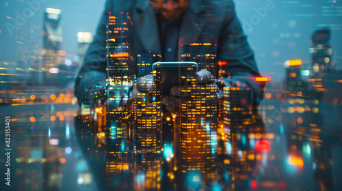 Businessman using smartphone with digital cityscape overlay  highlighting technology and innovation