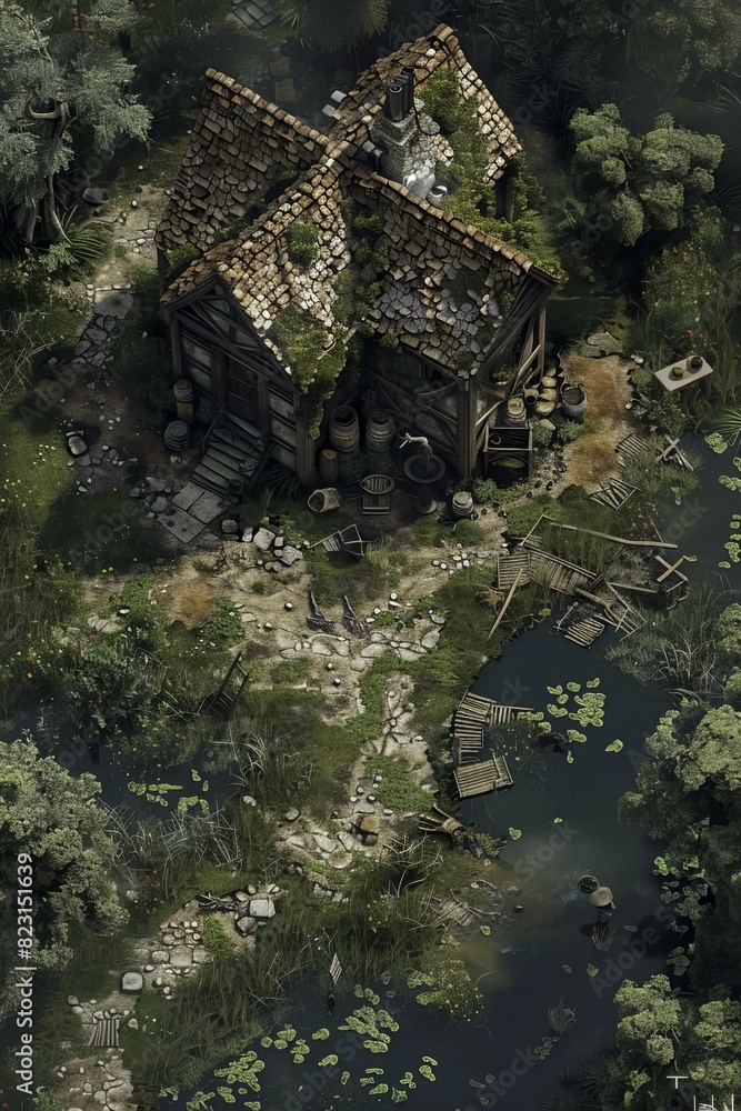 DnD Battlemap Marshland alchemist's hut nestled amidst nature.