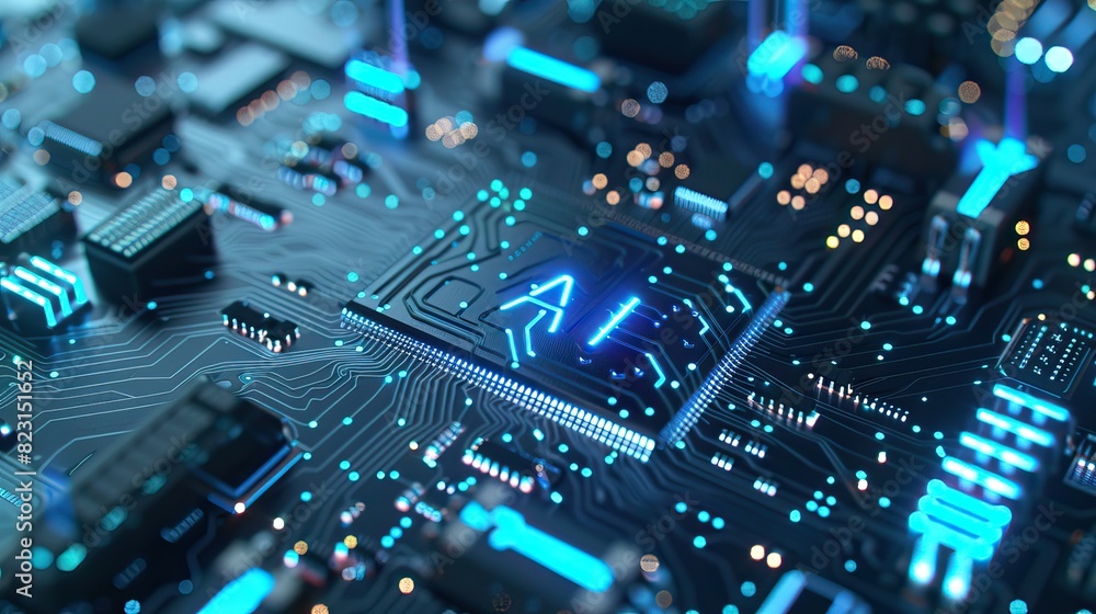 Advanced Technology Concept Visualization: Circuit Board Processor Microchip Starting Artificial Intelligence Digitalization of Neural Networking and Cloud Computing. High quality AI generated image