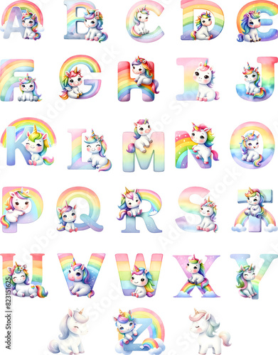 Watercolor unicorn english alphabet set from A to Z